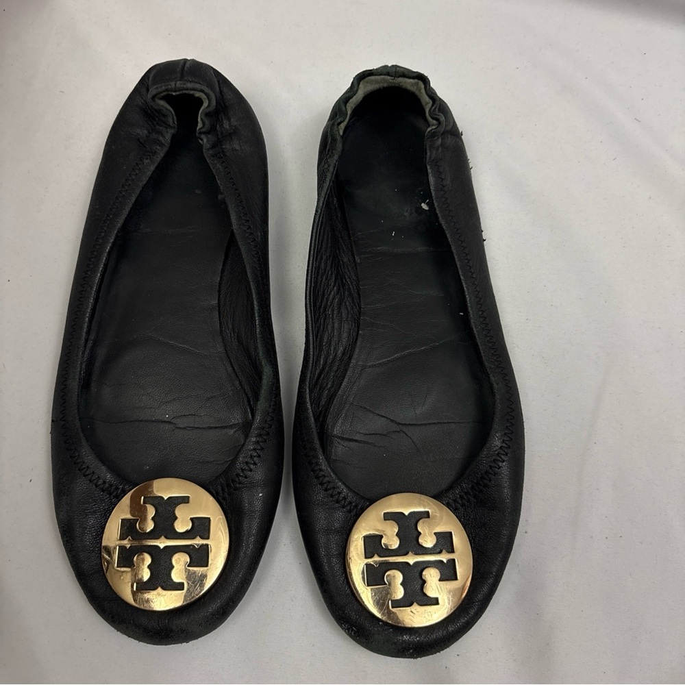 Tory Burch Minnie Travel Ballet Flats in Black Leather with Gold Hardware Sz 9M